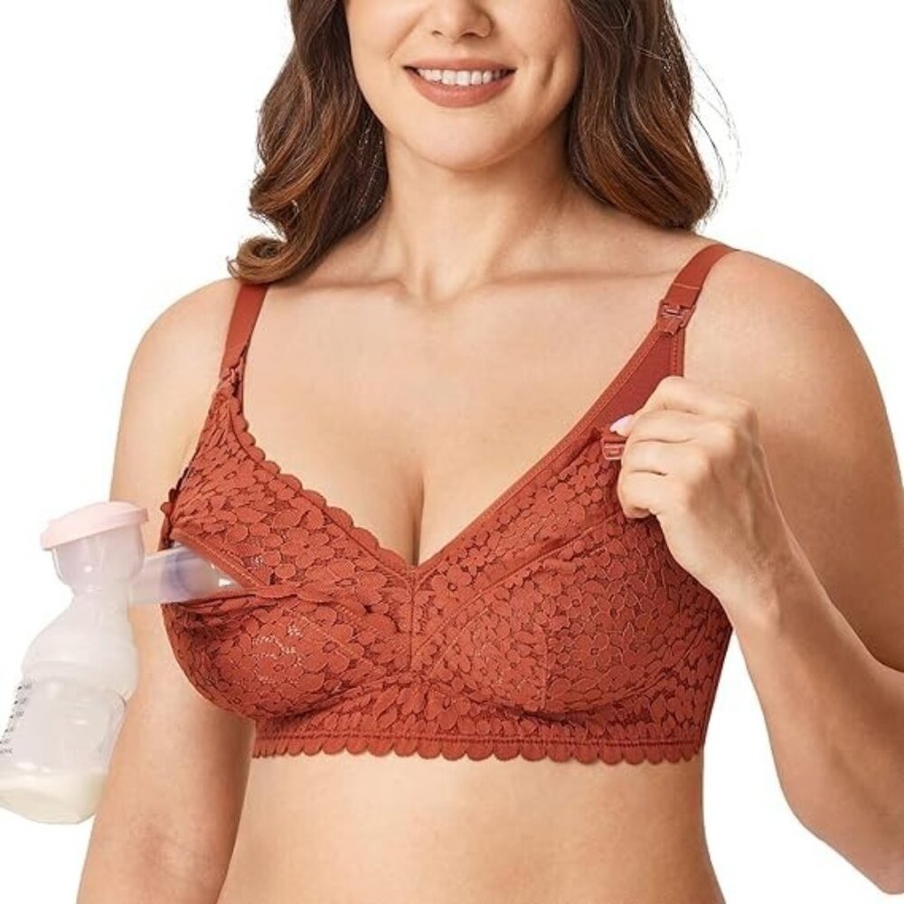 MOMANDA Women's Nursing Bra Hands Free Pumping Lace Bra Pumpkin 32E